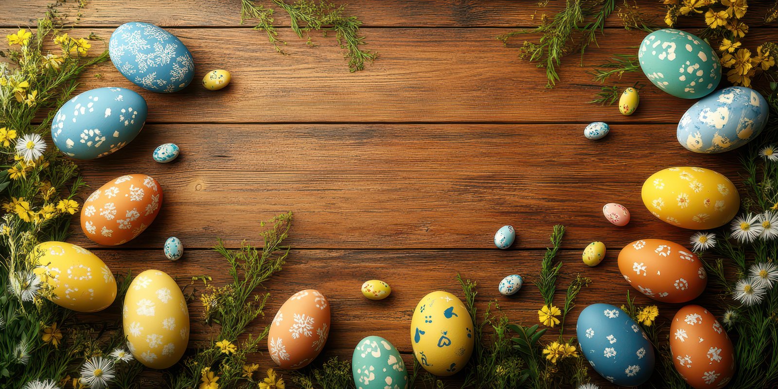Colorful decorated eggs surrounded by wildflowers on wooden surface for Easter celebration